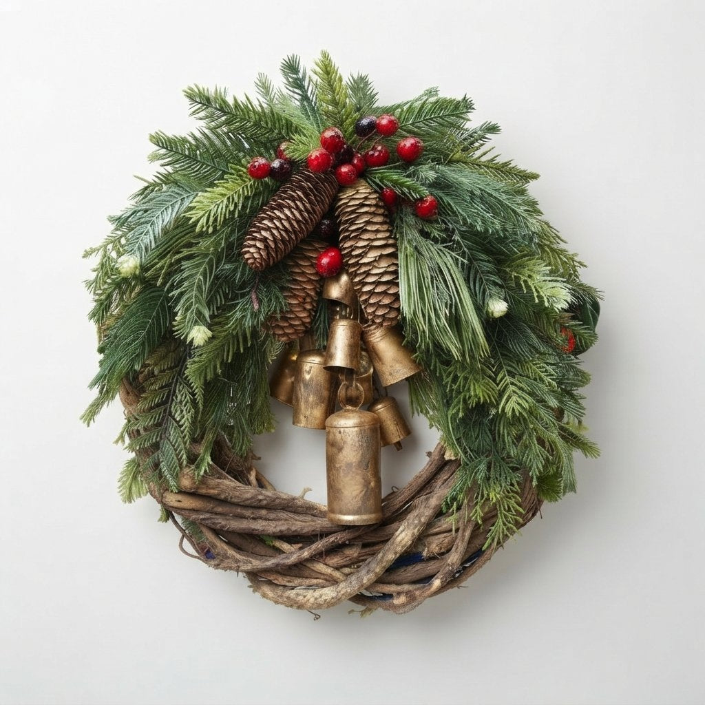 Weihnachtskranz mit Zapfen, Beeren und Glocken