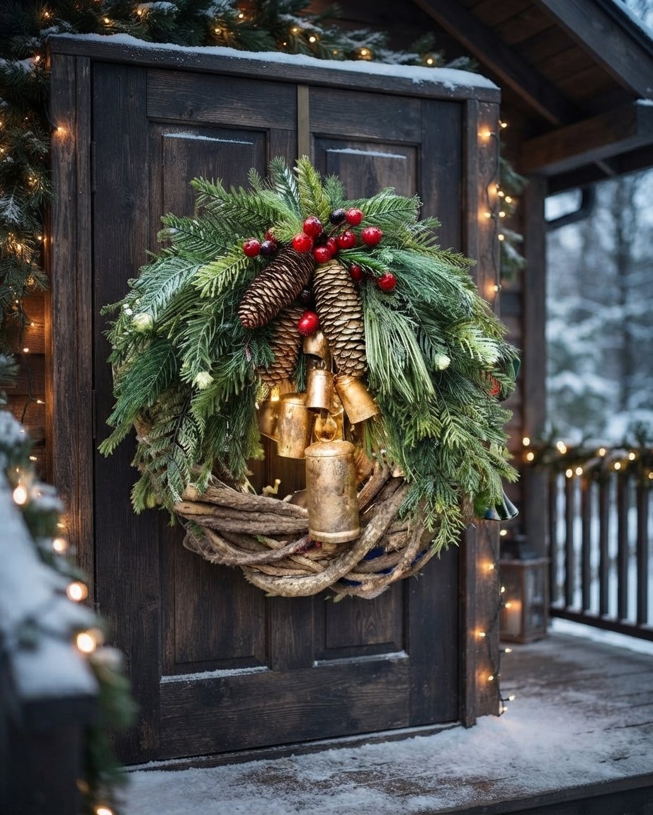 Weihnachtskranz mit Zapfen, Beeren und Glocken