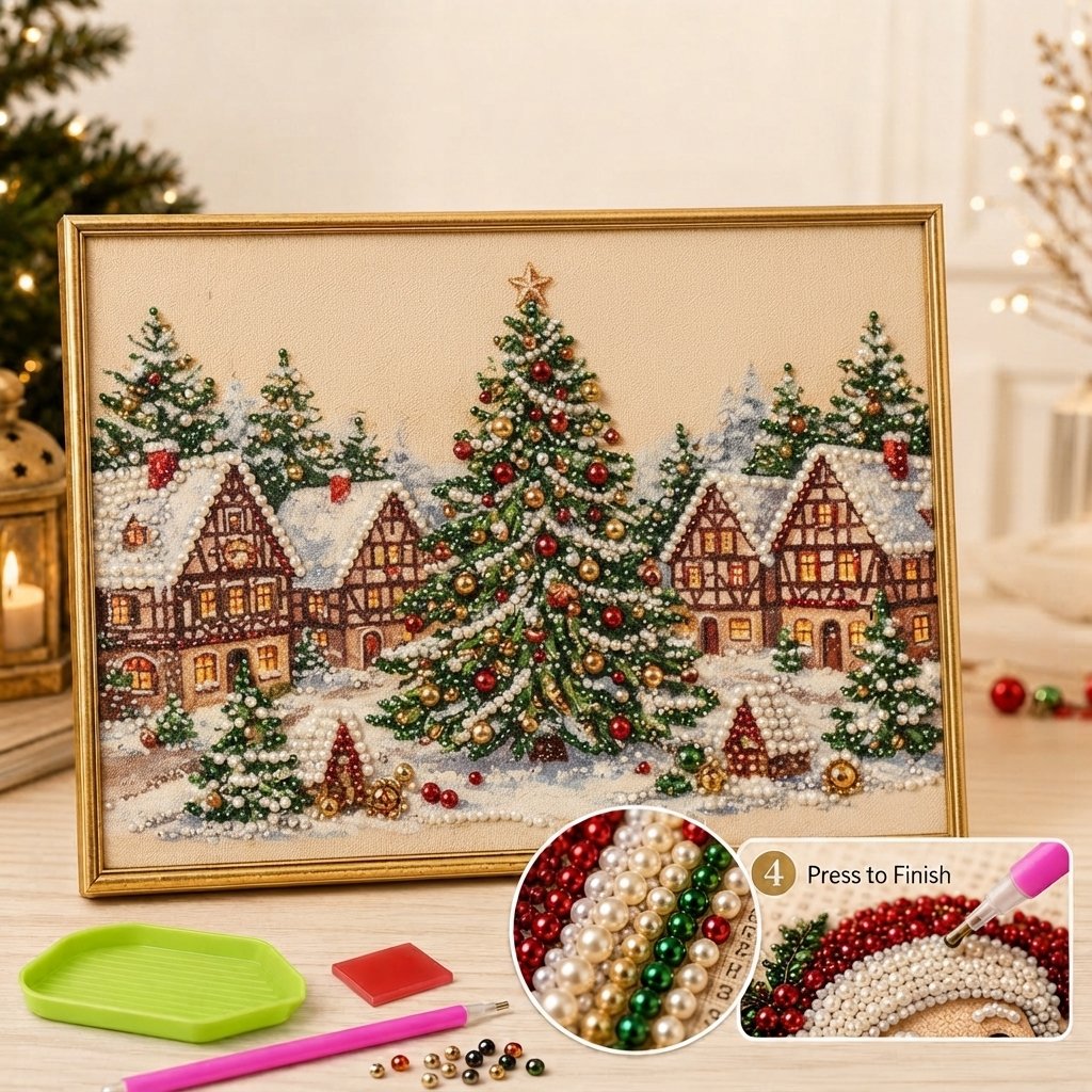 3D-Perlen-Bastelset Weihnachten – DIY Bild mit Rahmen — 🎄 Weihnachtsbaum im Weihnachtsdorf