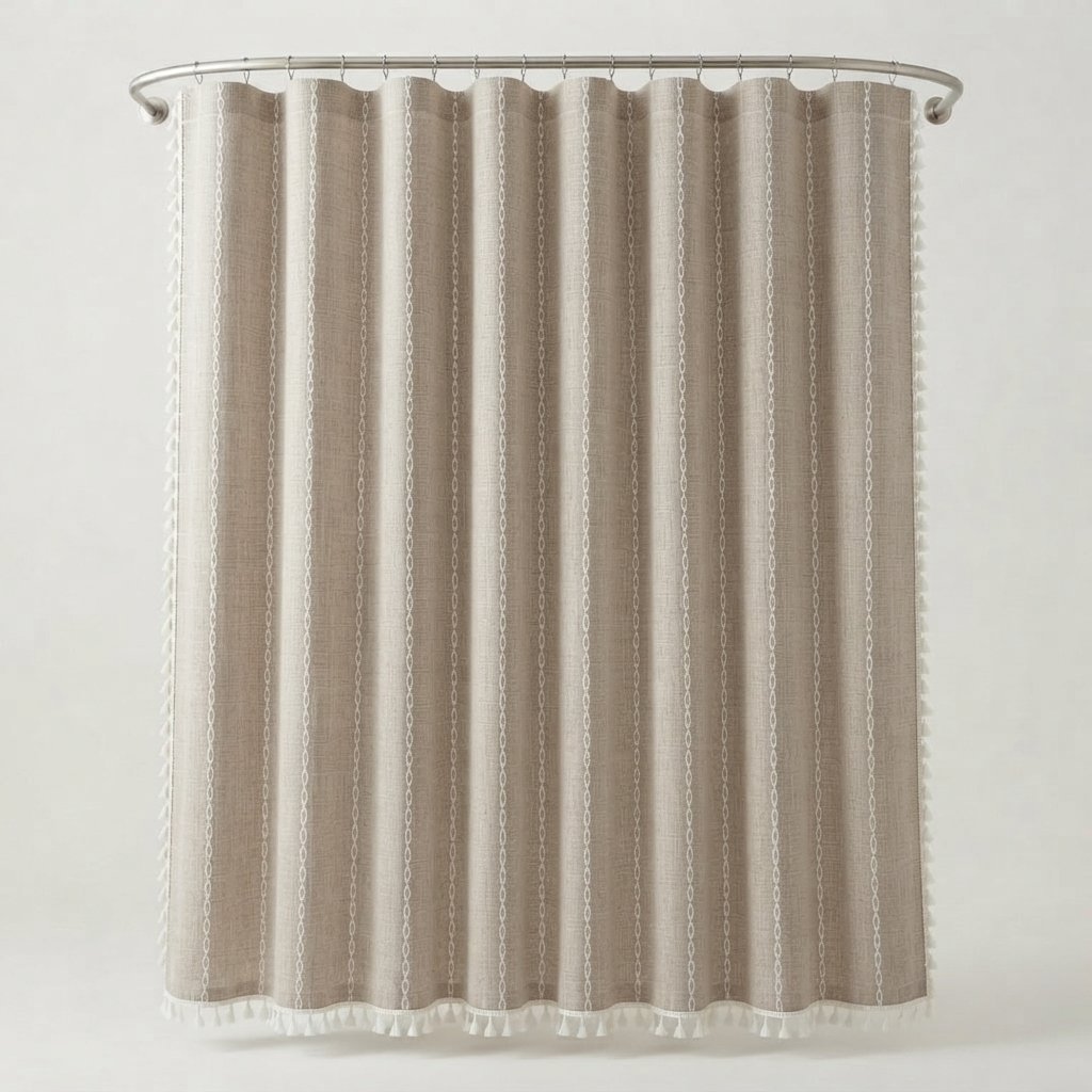 Duschvorhang aus Leinen mit Quasten, wasserdicht — Beige Streifen