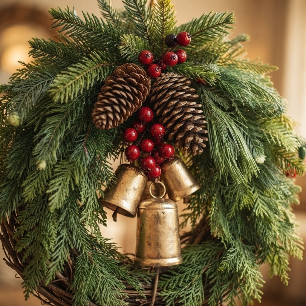 Weihnachtskranz mit Zapfen, Beeren und Glocken