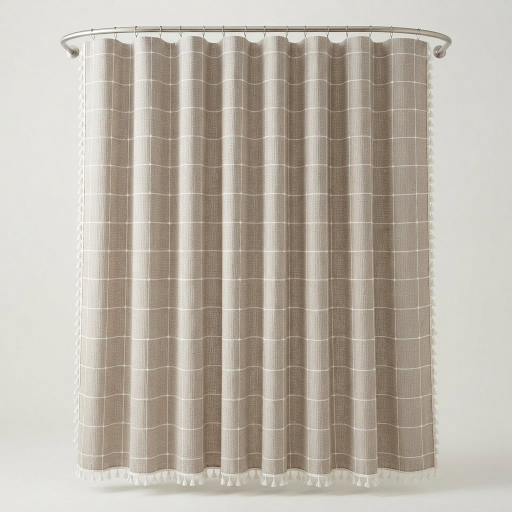 Duschvorhang aus Leinen mit Quasten, wasserdicht — Beige kariert