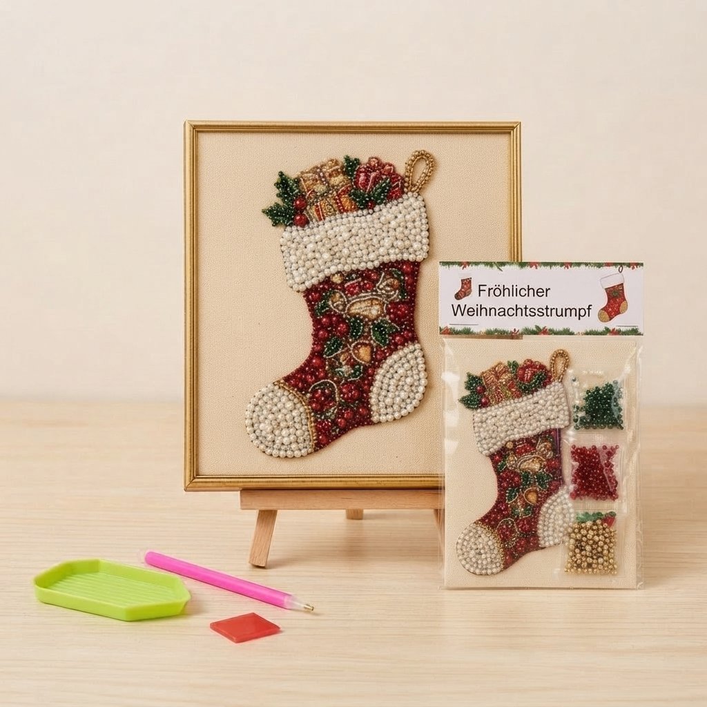 3D-Perlen-Bastelset Weihnachten – DIY Bild mit Rahmen — 🧦 Fröhlicher Weihnachtsstrumpf